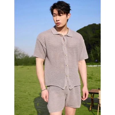 Men's Summer Sport Top Sweatshirt Casual Shirt Breathable Short Sleeve T-Shirt Two-Piece Set with Solid Pattern Knitted Fabric