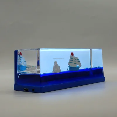 LED Light Acrylic Liquid Paperweight Floating Sailboat Sea Wave USB Charging Desk Decor Tourist Attraction Aquarium Souvenir