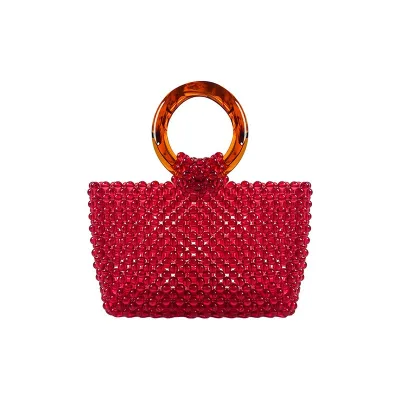New Style Unique Red Bead Handstrung Woven Acrylic Fashion Versatile Double Loop Ring Handbag