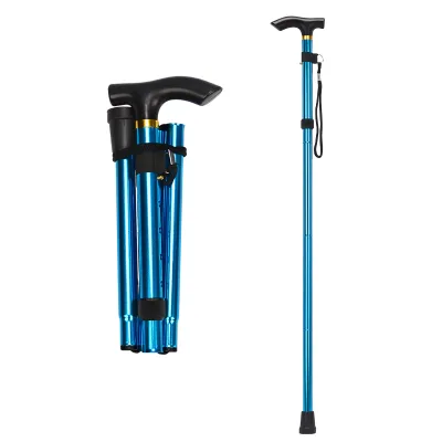 Folding Cane, Adjustable Height Lightweight with Wrist Strap and T Handle, Blue