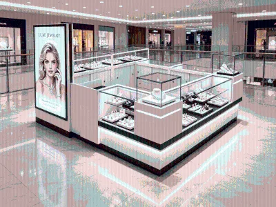 Led Lighting Earings Boutique Display Custom Wooden Jewellry Shop Interior Design Luxury Jewelry Kiosk with Drawers & Posters