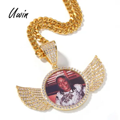 UWIN Hip Hop Custom Round Wings Photo Pendant CZ Necklace Personalized Women Men Gift Bling Gold Jewelry