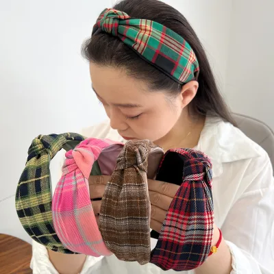 2024 New Design College Style Women Winter Plaid Knotted Headband for Holiday Headwear