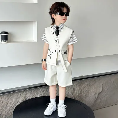 Children's suit retro starry vest set, boys' fashionable casual suit, flower girl's one year old dress