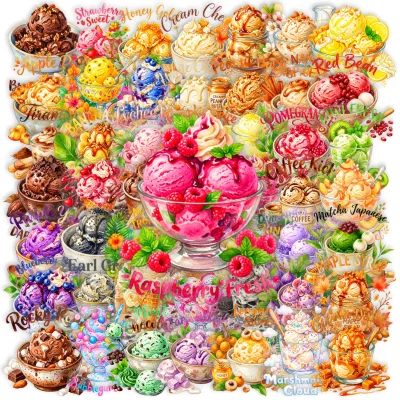 50Pcs Transparent Ice Cream Graffiti Stickers for Bottle Decor Vintage Cartoon Dessert Sticker