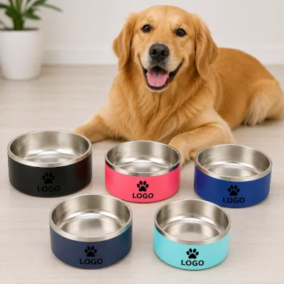 304 Stainless Steel Double-Walled Dog Bowl Non-Slip Base Bowl Stainless Steel Pet Feeding Bowl Non-Skid Double Wall Insulated