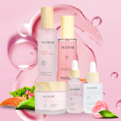 Rose Skin Care Set OEM Beauty Organic Aloe Vera Anti-Aging Wrinkle Moisturizing Face Cleanser Oil Serum Toner Cream