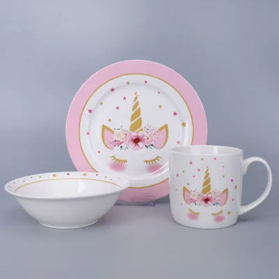 Wholesale 3pcs Breakfast Dinnerware Sets Bone China Elegant Kids Tableware Sets with Porcelain Mug