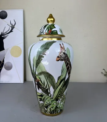 Luxury Modern Minimalist Simple Style Home Decoration Hand Painted Ginger Jars with Giraffe Pattern