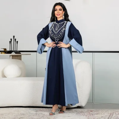 Two-Tone Rhinestone Abaya Dress High Neck Flare Sleeve Muslim Maxi Gown