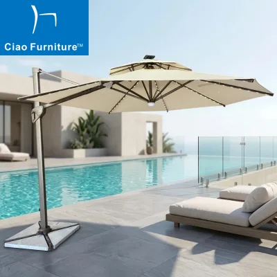 Modern DIA 3M Round Double Top Outdoor Hotel Pool Patio Cantilever Roma Umbrella With LED Lights