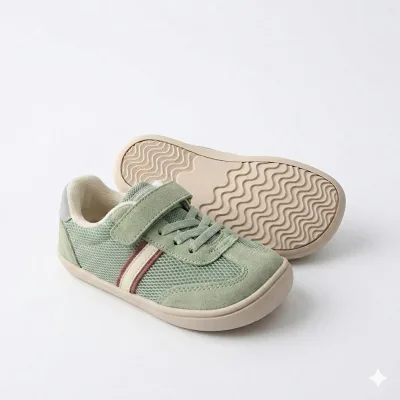 Lightweight Boys Walking Shoes - Green Mesh Fabric & Suede Leather Mix, Anti-Slip Wave Pattern Sole, Hook and Loop Fastening