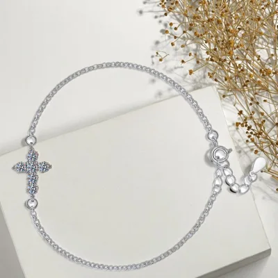 Wholesale Fine Jewelry Adjustable Charm Bracelets Bulk Cross 925 Sterling Silver Moissanite Link Chain Bracelets for Ladies