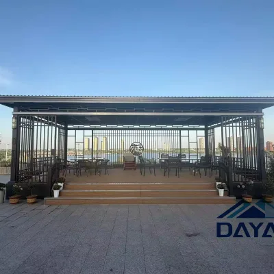Large Modern Chinese Aluminum Pavilion with Lattice Lighting and Decking for Hotel Garden Restaurant