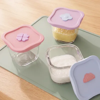 Dishwasher Safe Square Glass Baby Food Container Removable BPA Free Silicone Lid Stain Resistant Leak Proof 0-12 Months Storage