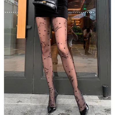 Custom Logo Jacquard Floral printing Pantyhose/Tights for Women Black Heart Small/Large Polka Dot Slimming Thin Nylon Material