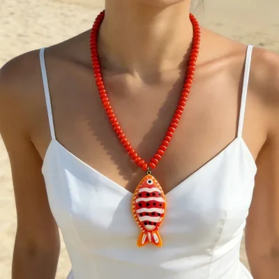 Summer Colorful Fashion  Handmade Beaded Necklace with Colorful Tropical Fish Pendant Women Long Necklace