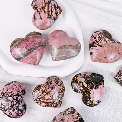 Natural Crystal Carved Decorations Healing Gemstone Pink Rhodonite Heart Stone for Sale
