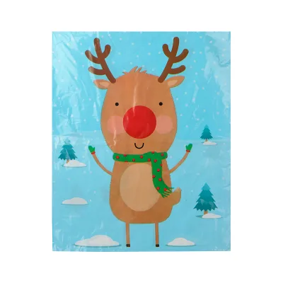 Reusable Reindeer Plastic Christmas Gift Bag Light Blue Holiday Sack with Red Nose Scarf for Xmas Wrap