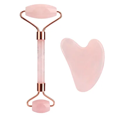 100% Natural Stone Rose Quartz Jade Roller Guasha Set Improve Skin Tone