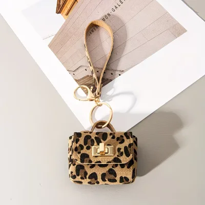 Leopard-print Mini square Artificial Leather Sweet Edgy High-end Miu-style Bag Keychain Charm Pendant Vintage Lock Buckle