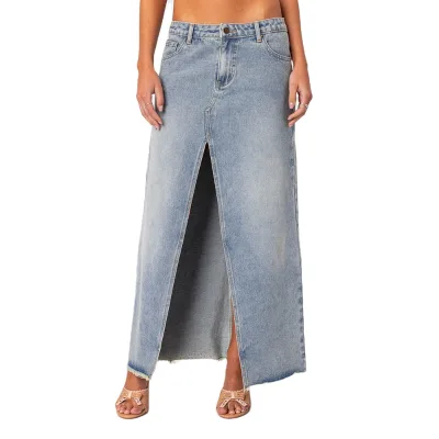 100% Cotton Custom Women's Front Slit Washed Denim Long Skirt Simple Solid Color Long Skirt for Daily Casual Wear for Women