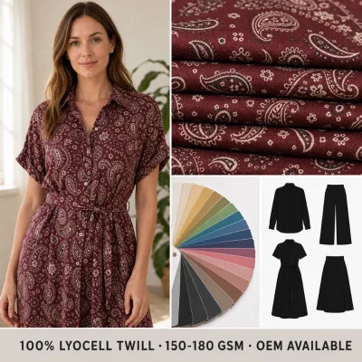 Burgundy Ivory Motif 150 180 Gsm Fine Line Repeat Bandana Paisley Print Lyocell Twill Fabric for Shirt and Scarf