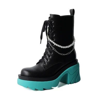 Fall Season Women's Flat Boat Safety Boots Chunky Heel Round Toe PU Lace up Shoes with Chain