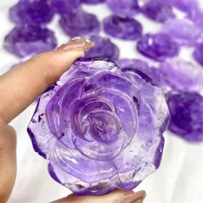 Wholesale Hand Carved Crystal Rose Natural Clear Purple Amethyst Crystal Rose Flower Carvings For Pendant