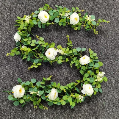 Wedding Festival Outdoor Decoration Spring Wreath Artificial Money Leaf Camellia Vine Pink Rose Eucalyptus Garland