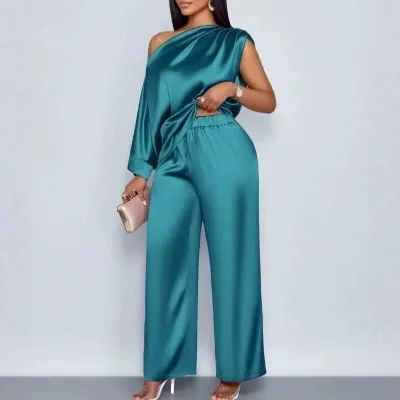 2026 Women's Summer Casual Women's Satin Suit Featuring a Slanted Neckline Short-sleeved Top and Trousers Set