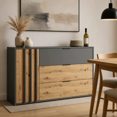 Rustic Modern Sideboard Cabinet Dark Grey Frame with Oak Wood Grain Slatted Door & Drawers Large Storage