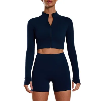 Stand-up Collar Zipper Cardigan Yoga Suit Suit for Women Thumb Hole Long Sleeve Shorts Two-piece Fitness Peach Hip Shorts