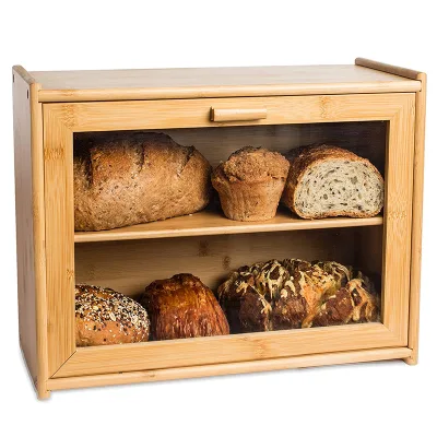 Small Kitchen Bamboo Bread Box with Double Storage Modern Transparent Wood Front Window-Eco-Friendly Paper Packaging