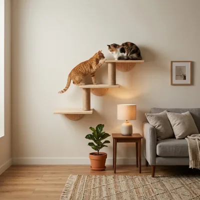 3 Tier Wall Mounted Cat Shelves Stair Solid Pine Wood Cat Step With 4mm Rope Scratching Posts K/D Flat Pack