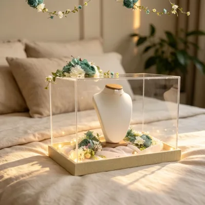 Custom Clear Acrylic Dustproof Display Box With LED Fabric Base and Bust Necklace Display Stand