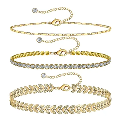 Wholesale Hot Selling Set 3Pcs 14k Gold Plated Cubic Zirconia Dainty Layered Ankle Bracelets ,for Women