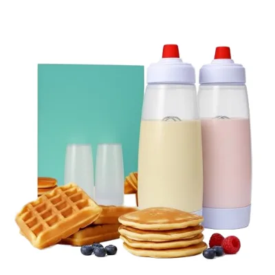 Pancake Batter Dispenser Mixer/Shaker Bottles 2-Pack (1000mL Each) Whisk Ball No-Drip Silicone Tip Leakproof Dishwasher-Safe