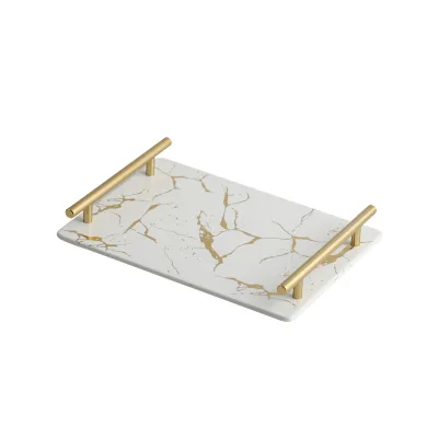 Marble Tray Ceramic Serving Tray Marble Breakfast Food Preserv Tray with Metal Handle