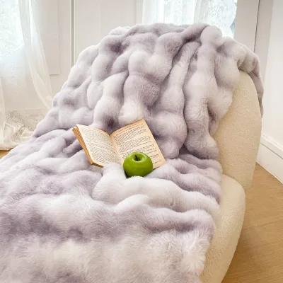 Custom Size Elegant Many Colors Super Thick Soft Faux Rabbit Fur Blanket Printed Joyous Character Super Soft Bubble Blanket Gift