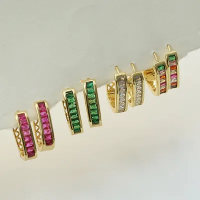Trendy 18K Gold Plated Baguette Rainbow CZ Huggie Earrings for Women Colorful Zircon Small Dainty Hoop Jewelry Gift Mexico USA