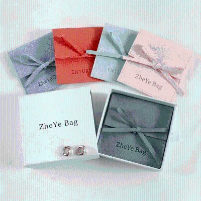Custom Ribbon Bow Microfiber Jewelry Pouch 8*8cm Small Suede Bag Matched Drawer Paper Box for Earring Necklace Gift Packaging