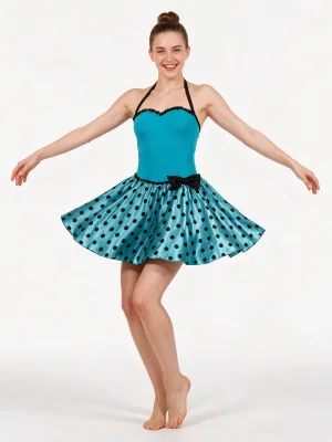 Womens Halter Jazz Dance Dress Scalloped Lace Neck Satin Polka Dot Swing Skirt Stage Tap Musical Theater Costume