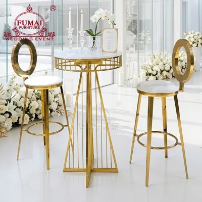 Modern Round Marble Top Bar Table with Gold Metal Frame and 2 Stools for Home Bar or Wedding Event