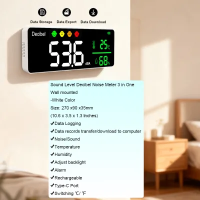 Wall-mounted Noise Meter for Precise Sound Level Monitoring in A-weighting Mode. Supports Data Export and Has an 85dba Alarm.