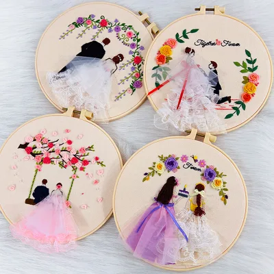 Bride and Groom Stamped Embroidery Kit DIY Sewing Cross Stitch Kits for Adult Flowers Plants, Wedding Dress Hanging Picture