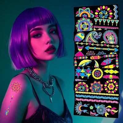 Custom 20 Sheets Fluorescence Decoration Waterproof Luminous Neon UV Tattoo Stickers Fake Glow in the Dark Temporary Tattoos