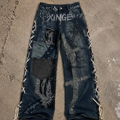 Vintage Patchwork Lace up Jeans Men Streetwear Distressed Washed Denim Pants Custom OEM Manufacturer