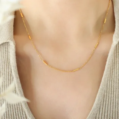 Dainty Gold Collarbone Thin Rope Chain with Rectangle Gold bar Necklace Stackable Tarnish Free Waterproof Jewelry for Daily Wear