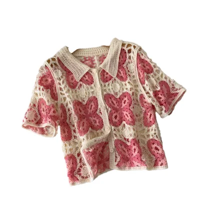 Summer Short Sleeve Loose Fit Casual Knitting Blouses Women Solid Hollow Out Front Logo Shirts Tops Clothes Wholesale